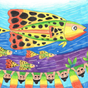 2022年ROW艺术奖得主——人们看着五颜六色的鱼在河里游泳